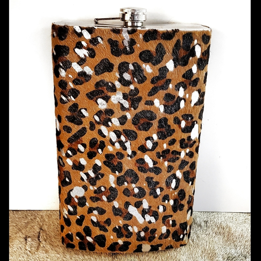 Mega Giant 64 oz (1/2 Gallon) Leopard Print Silver Genuine Cowhide Leather Flask